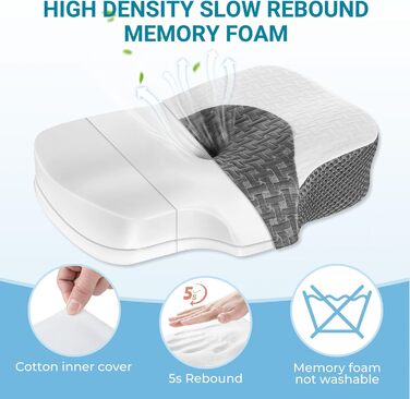 Ортопедична подушка Elviros з піни Memory Foam для сну, ергономічна подушка для шиї, проти хропіння, для бокового та черевного сну, біла