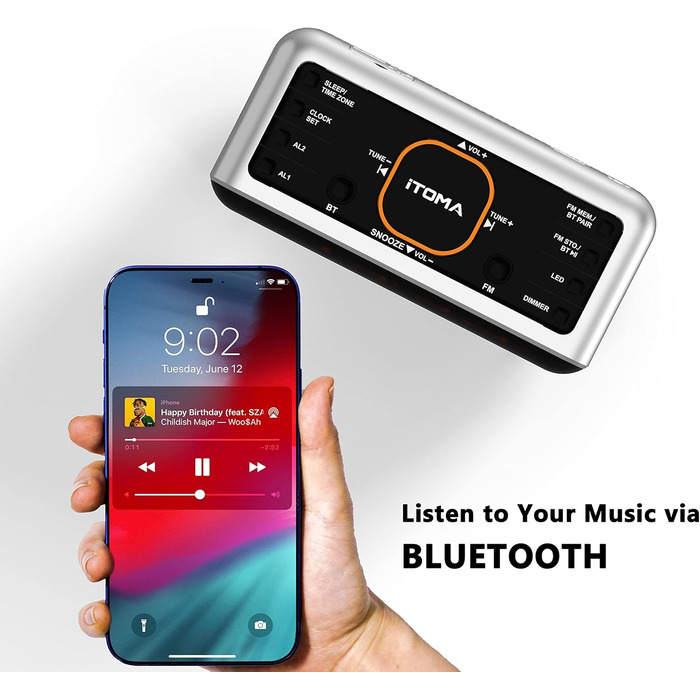 iTOMA радіобудильник з Bluetooth, FM-радіо, App-керуванням, подвійним будильником, 4 режимами, димером, нічником, USB-зарядкою, модель CKS208