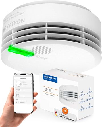 Детектор диму Hekatron Genius Plus з батареєю на 10 років, переможець тесту Stiftung Warentest, підтримка додатку, монтаж на клей, німецька якість, багатомовний