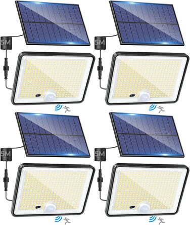 Сонячні LED ліхтарі LOTMOS з датчиком руху, 342 LED, IP65, 3 режими, з пультом, для вулиці, саду, гаража, холодне біле світло, 4 шт.
