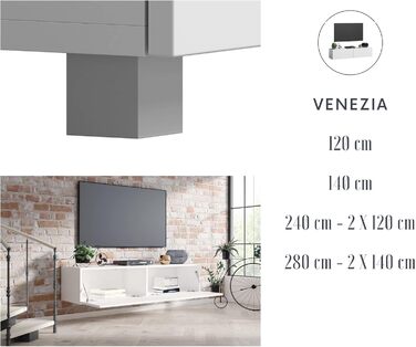 Підвісна тумба під телевізор 4housedesign, глянцева біла і чорна матова, 240 см (2х120), для ТВ до 55 дюймів, вітальня