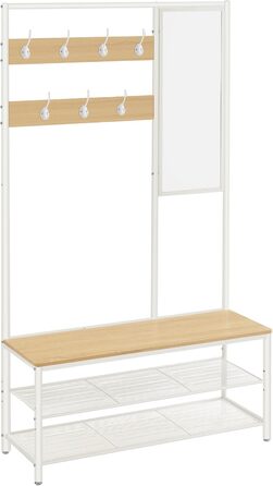 VASAGLE Вішалка для одягу з гачками, дзеркалом і лавкою, 35x98x180 см, для передпокою, спальні, сучасна, дубово-біла