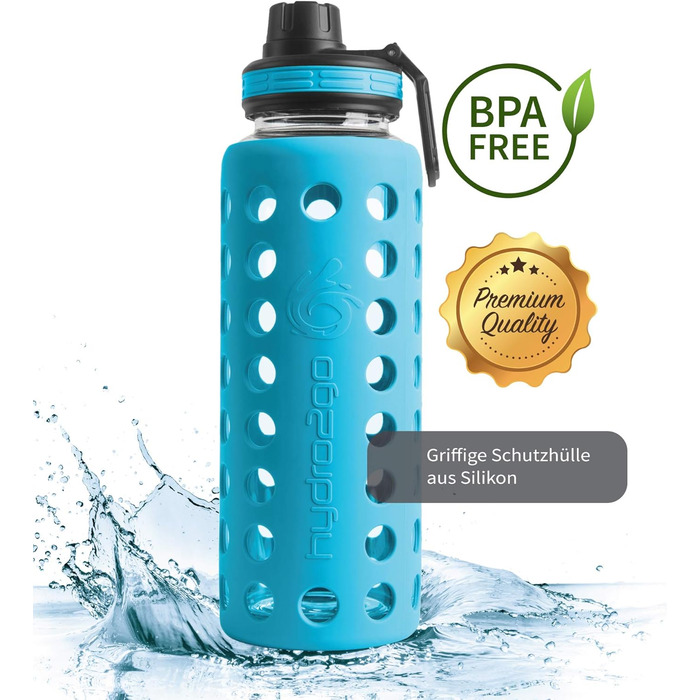 Скляна пляшка для води з силіконовим чохлом, 950 мл, герметична, BPA-free, для спорту, йоги, офісу, з 2 змінними кришками, Coral Blue