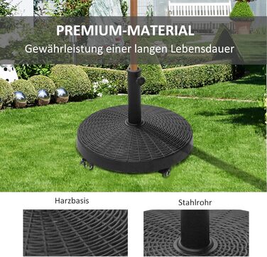 Підставка для парасолі Outsunny 25 кг, ротанг, з колесами, Ø38/48 мм, чорна, 52x41 см, полімер+метал
