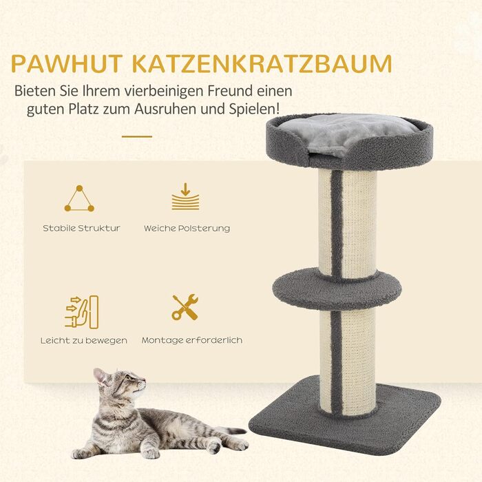 Когтеточка PawHut 91 см з лежаком, ігровий комплекс для котів до 5 кг, сіра, сизаль і штучна овеча шерсть