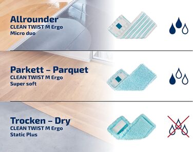 Leifheit CLEAN Twist M Ergo 2.0 – набір для прибирання: плоска швабра з мікрофібри для вологого догляду за паркетом, ламінатом і дерев'яною підлогою, система віджиму, Click-System, насадка Supersoft