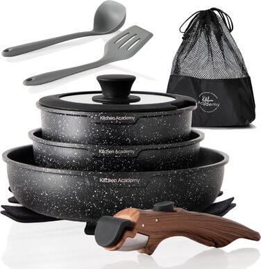 Набір каструль Kitchen Academy знімна ручка, 10 предметів, індукційний, антипригарний, підходить для всіх плит, штабельований, для кухні та кемпінгу