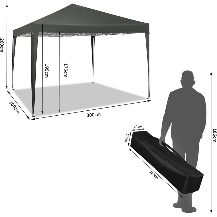 Павільйон WOLTU Pop-Up 3x3 м, водонепроникний, складаний, сонцезахист, для саду, тераси, кемпінгу, фестивалів, оксфордська тканина, металевий каркас, сірий