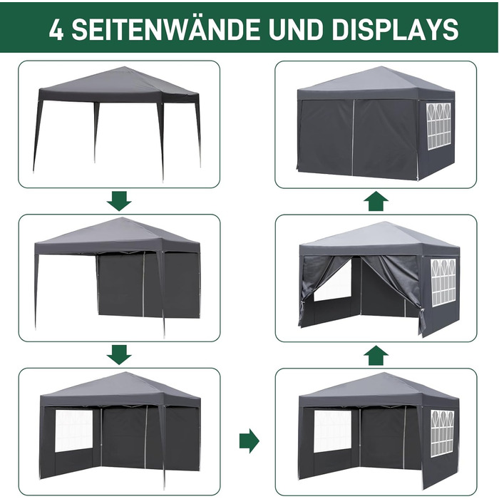 Павільйон 3x3 м Pop-up, водонепроникний, зимостійкий, регульована висота, UV захист 50+, сталевий каркас, для саду, вечірок, кемпінгу, на відкритому повітрі, з 4 боковинами, темно-сірий