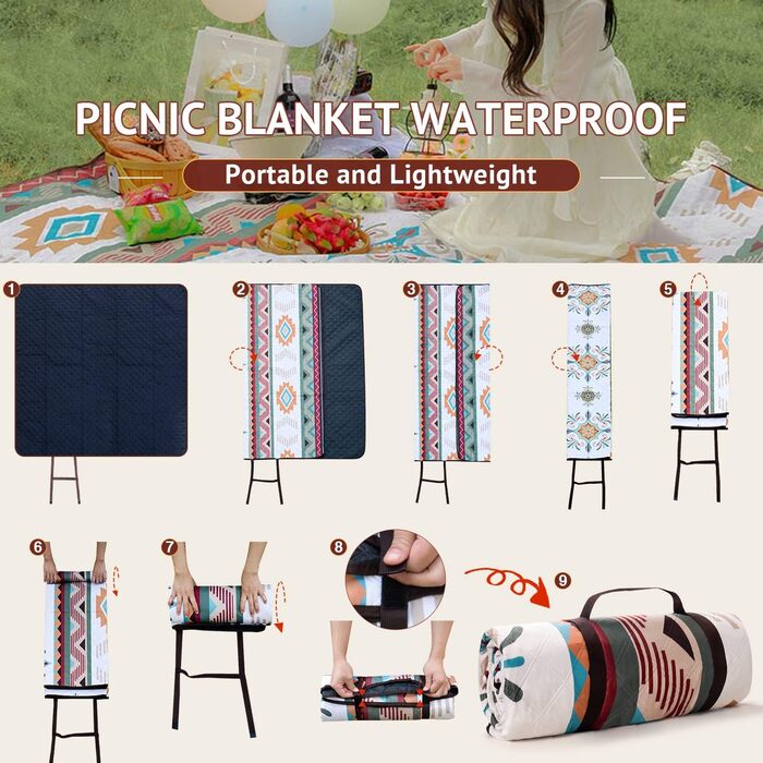 LARUTAN Пікнік-ковдра Boho 200x200 см, водонепроникна пляжна покривало, пісок не прилипає, складна, для пляжу, кемпінгу, барбекю, подорожей, зелена