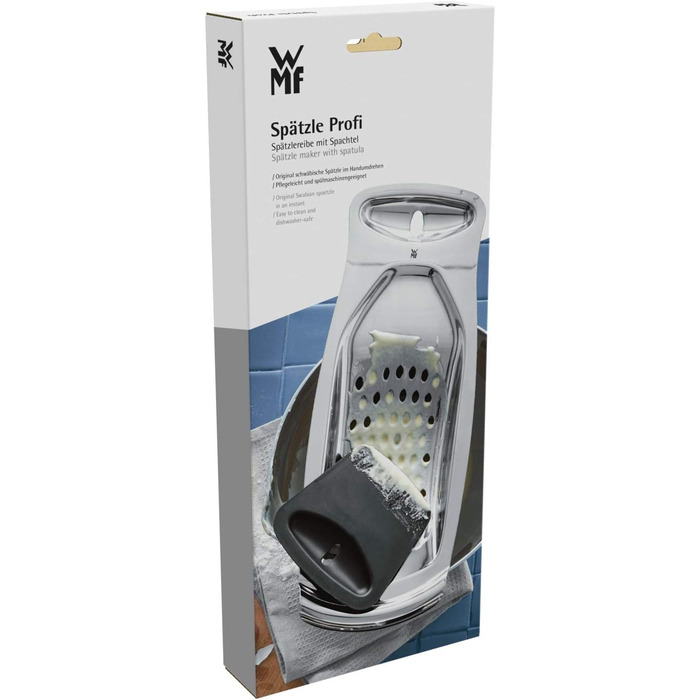 Терка для шпецле WMF Spätzle-Profi 35x14 см з нержавіючої сталі Cromargan, з лопаткою та гачком, для приготування шпецле, можна мити в посудомийній машині