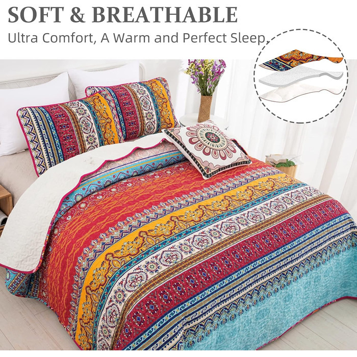 Покривало WONGS BEDDING Boho 220x240 см, мікрофібра, 3 предмети: стьобане покривало на двоспальне ліжко та 2 наволочки 50x70 см, для спальні або дивана (Богемний стиль)