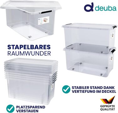 Набір контейнерів Deuba 6×60л з кришкою і колесами, прозорі пластикові, BPA-free, для офісу, гаража, пральні, штабельовані
