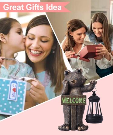 Goodeco Сонячна садова фігура жаби з табличкою Welcome, мідна, декор для тераси, балкона, двору та газону, оригінальний подарунок на новосілля для бабусі, дідуся або садівниці