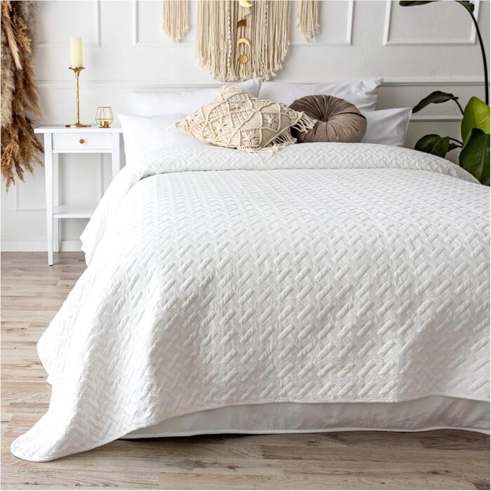 CalmyHOME Покривало стьобане 240x260 см біле для ліжка та дивана, великий розмір, універсальний текстильний плед, покривало на ліжко та диван, декоративна стьобана ковдра