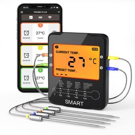 Бездротовий м'ясний термометр Uzone з Bluetooth, цифровий термометр з додатком, 100 м, гриль-термометр для барбекю, духовки та копчення, LCD-дисплей з підсвіткою, 4 зонда