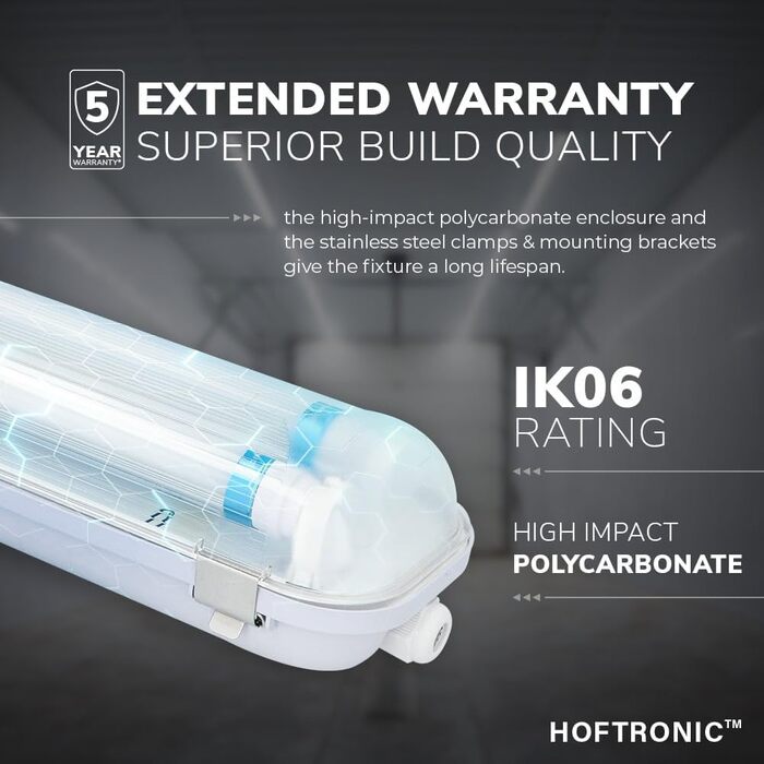Світлодіодний світильник HOFTRONIC 150 см, 60 Вт, 10500 лм, холодне біле світло, IP65, водонепроникний, без мерехтіння, підключення T8, для гаража, підвалу, офісу, майстерні