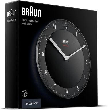 Настінний годинник Braun BC06B-DCF з радіокеруванням, тихий механізм, чорний, 20 см, класичний дизайн, великий читабельний циферблат, центральноєвропейський час (MEZ/GMT+1)
