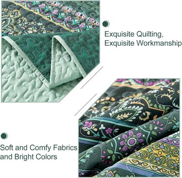 Покривало WONGS BEDDING 220x240 см, стьобане, комплект 3 шт. для двоспального ліжка, мікрофібра, у стилі бохо, темно-зелене, з 2 наволочками 50x70 см, для спальні чи дивану