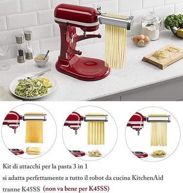 Насадка для макаронів Italdos 3-в-1 для KitchenAid: валик для лазаньї, різак для фетучині та спагеті, нержавіюча сталь, з щітками для чищення