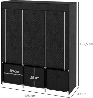 Складний текстильний шафа HOMCOM з вішалками та шухлядами, чорний, 125x43x162,5 см, для спальні