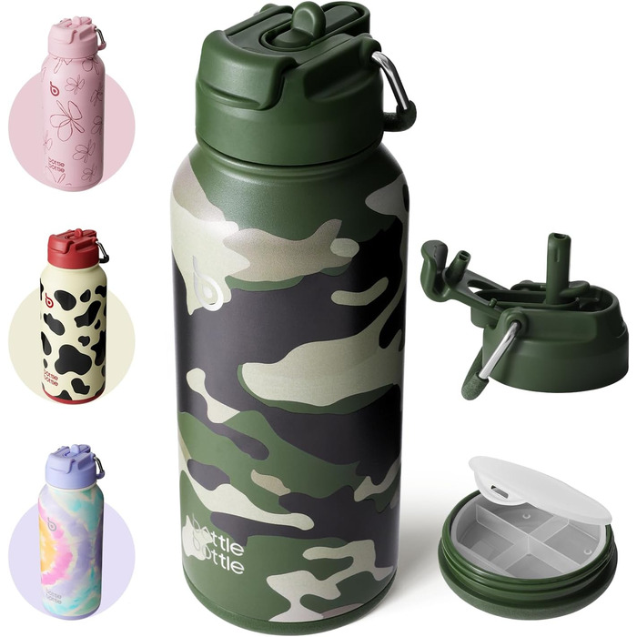 Пляшка для води з нержавіючої сталі BOTTLE BOTTLE 1 л з трубочкою, термос для спорту та фітнесу, ізольована, з відсіком для пігулок, BPA-free, подвійна стінка, джунглі-камуфляж