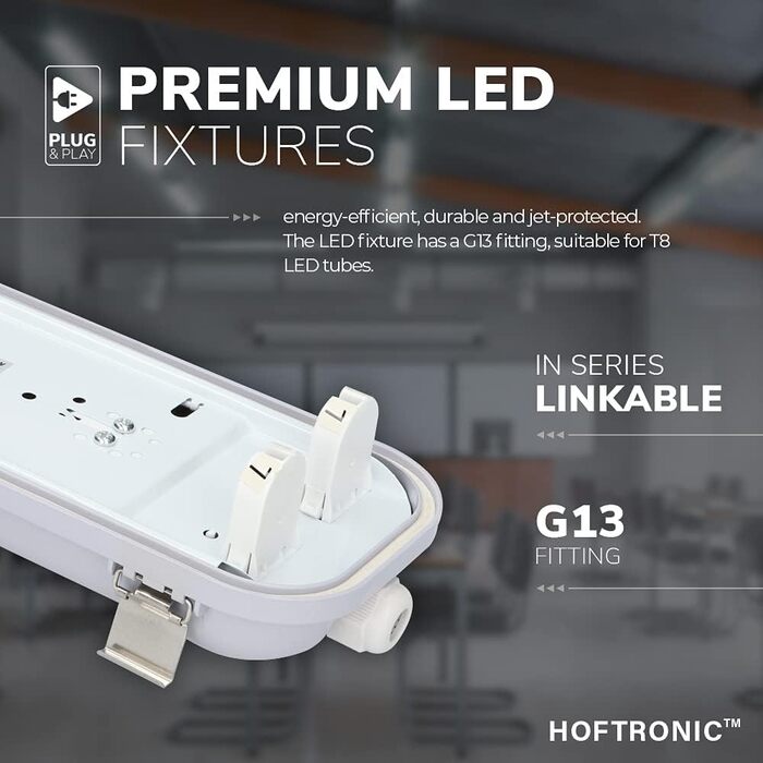 HOFTRONIC LED світильник для вологих приміщень 150 см 60W 6000K холодне біле світло, 10500 лм, 175 лм/Вт, без мерехтіння, з'єднуваний, T8, IP65, водостійкий, подвійний, для гаража, підвалу, офісу