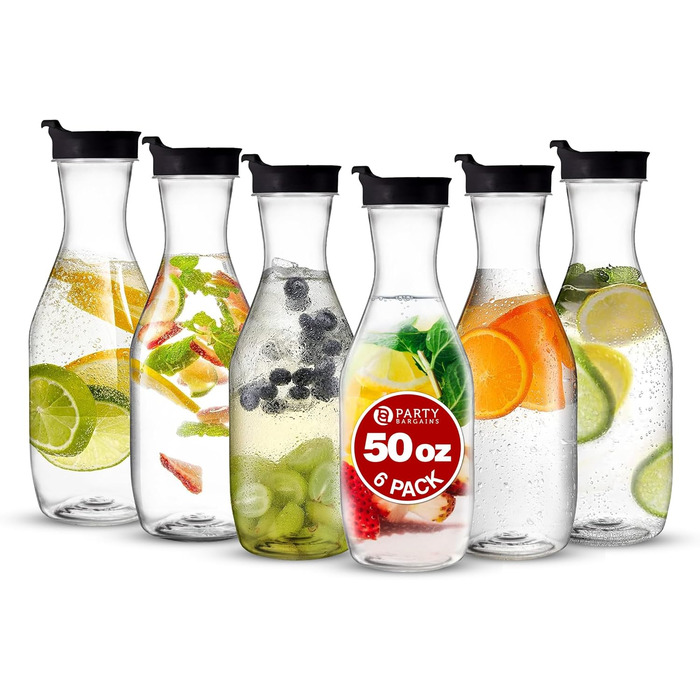 Пластикова глечик Party Bargains з кришкою, прозорий, набір 6 шт., чорна відкидна кришка, преміум-якість, міцний для холодних напоїв, лимонаду, соку, мімоз, чаю
