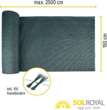 Сонцезахисна сітка Sol Royal 25x1,5 м, 165 г/м², щільна, з UV-захистом, зеленого кольору, HDPE, для саду, паркану, теплиці, з кабельними стяжками