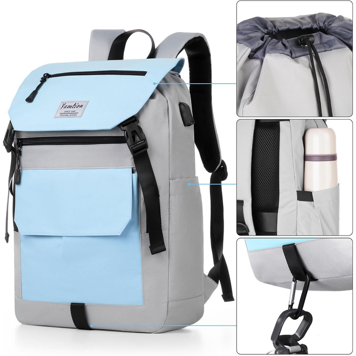 Міський рюкзак YAMTION Rolltop 17 дюймів для жінок і чоловіків, шкільний рюкзак для підлітків, для ноутбука, велоспорту, подорожей, навчання, колір Sky