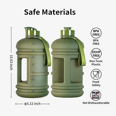 Спортивна пляшка для води TOOFEEL 2,2 л, BPA Free, багаторазова, з мірною шкалою, матова оливкова, для спортзалу