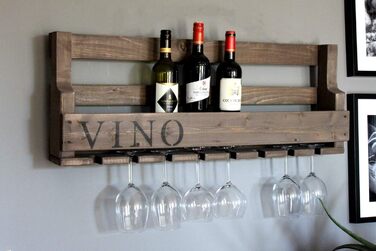 Дерев'яна винна полиця на стіну Dekorie з тримачем для келихів, написом VINO, брашована, готова до монтажу, для пляшок і келихів, коричнева, вінтаж