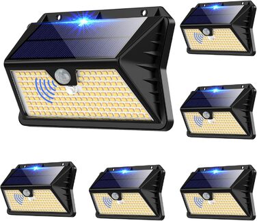 Сонячні LED лампи для вулиці з датчиком руху, 185 LED, 3 режими, IP65, водонепроникні, настінні світильники для саду, двору, гаража, вхідних дверей (холодне/тепле біле світло, 6 штук)