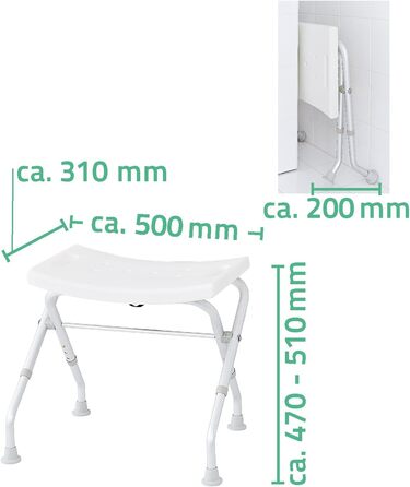 Складаний білий стілець для ванної RIDDER Assistent, 57x32x47-51 см