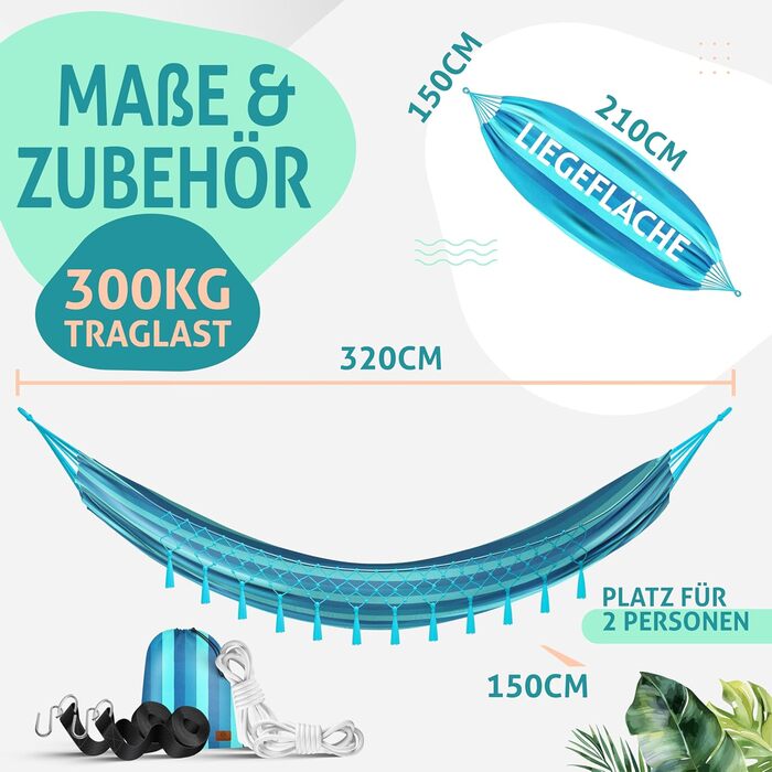 Гамак KESSER 320x150 см, до 300 кг, синій, водостійкий та дихаючий, з бахромою для 1-2 осіб, для саду, кемпінгу та відпочинку, у комплекті сумка, мотузки та ремені