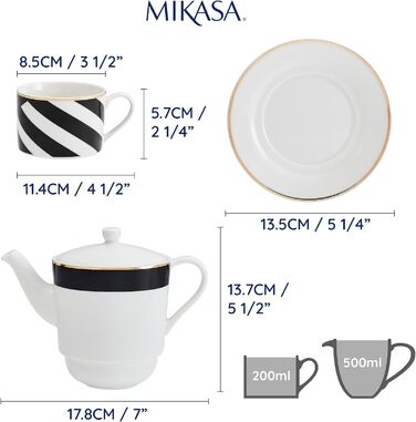Порцеляновий чайний сервіз Mikasa Luxe Deco для однієї особи, з чайником, чашкою та блюдцем, компактний, підходить для посудомийної машини