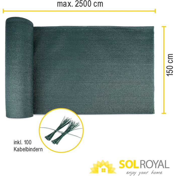 Сонцезахисна сітка Sol Royal 25x1,5 м, 165 г/м², щільна, з UV-захистом, зеленого кольору, HDPE, для саду, паркану, теплиці, з кабельними стяжками