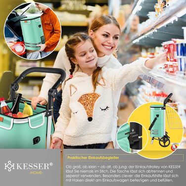 Складна господарська сумка-візок KESSER 3в1, 56 л, до 50 кг, з охолоджувальним відділенням і чіпом для покупок, для сходів, м'ятна