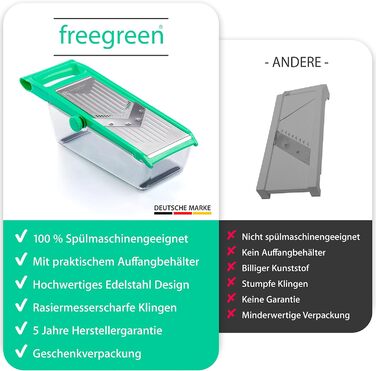 Овочерізка freegreen Німеччина з нержавіючої сталі з V-подібним лезом і контейнером, з тримачем для овочів, для нарізки фруктів, овочів і джул'єну