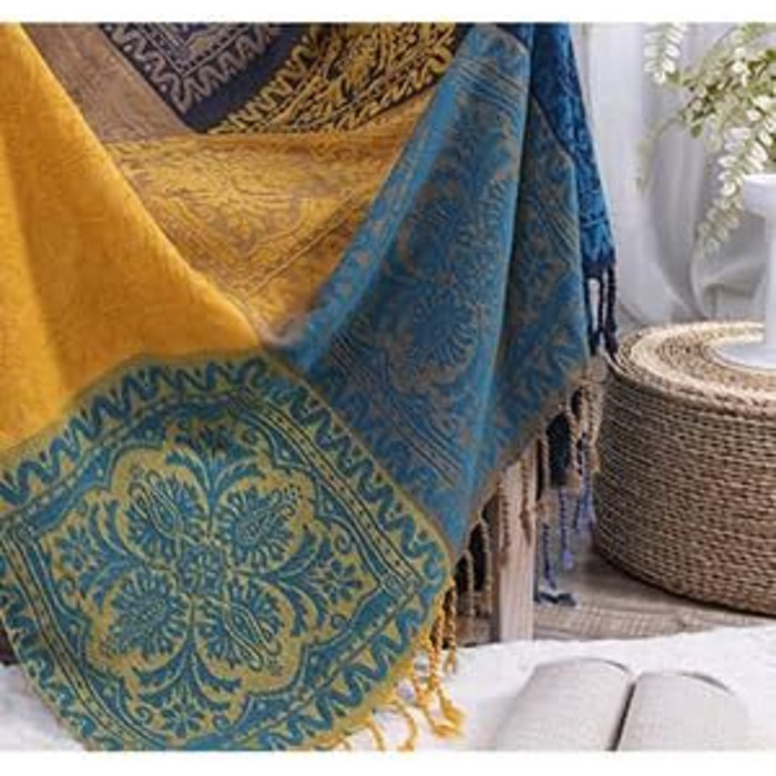 Плед ELEOPTION з мікрофібри Chenille, жакардовий з китицями, декоративний покривало для ліжка, дивану, крісла, народний етно орнамент, синій, 220x250 см