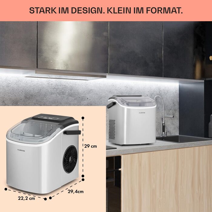 Льодогенератор Klarstein, 12 кг/24 год, 2 розміри, 1,3 л, LED, портативний, нержавіюча сталь, для вечірок та садових свят