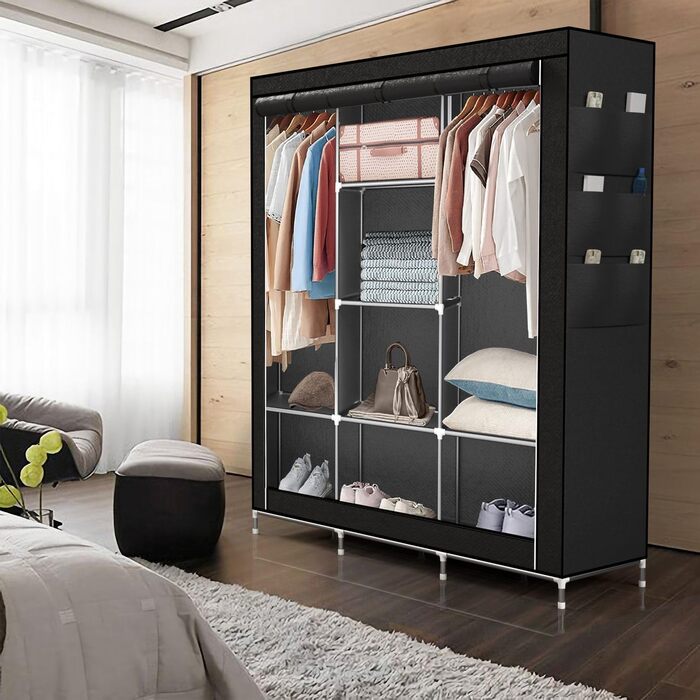 Тканинна шафа INTIRILIFE 130x175x45 см з блискавкою, полицями, штангою та бічною кишенею, складна, для одягу, для кемпінгу, чорна