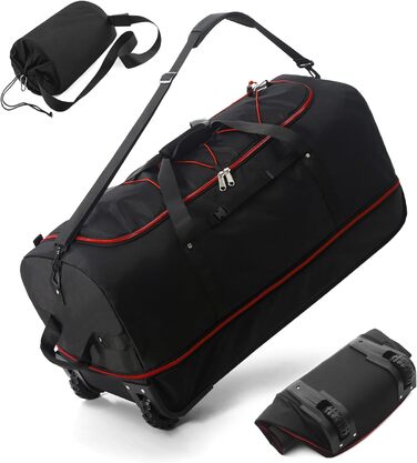 Велика розширювана дорожня сумка YHYEH 110-140 л, 80 см, з 2 колесами, спортивна та для подорожей, чорна з червоним, банджі-система