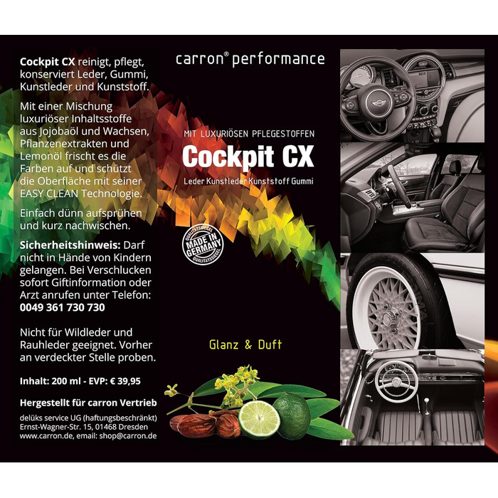 Спрей Cockpit CX для очищення та догляду за шкірою, екошкірою, пластиком і гумою з жожоба, лимонною олією та карнаубським воском