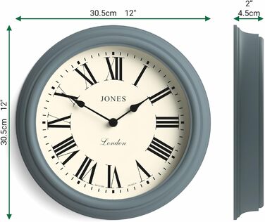 Настінний годинник JONES CLOCKS, класичний круглий, 30 см, зелений, римські цифри, традиційний дизайн для кухні, вітальні чи спальні