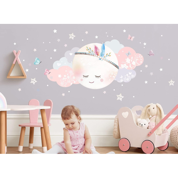 Декоративні настінні наклейки Little Deco для дитячої кімнати дівчинки — Місяць, хмари й зірки, XL 99x51 см, самоклеючі вінілові стікери для стін, DL268