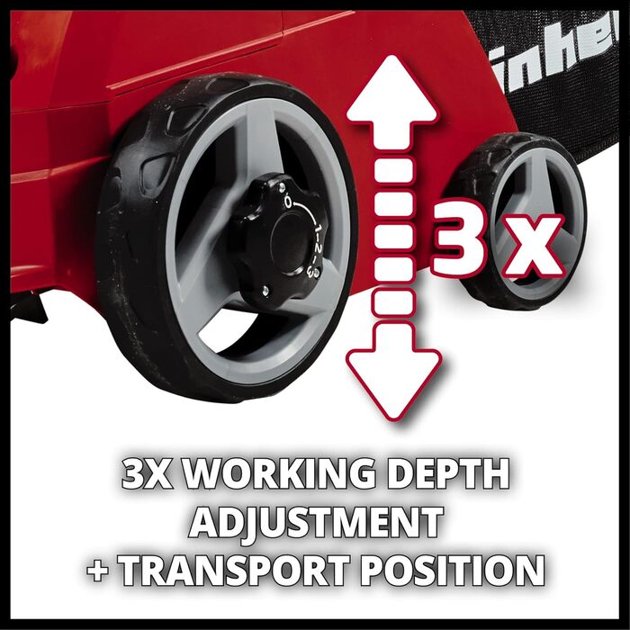 Електричний аератор-вертикутер Einhell GC-SA 1231/1, 230 В, для газону до 300 м², 1.2 кВт, 28 л травозбірник, 3 рівні глибини, складана ручка