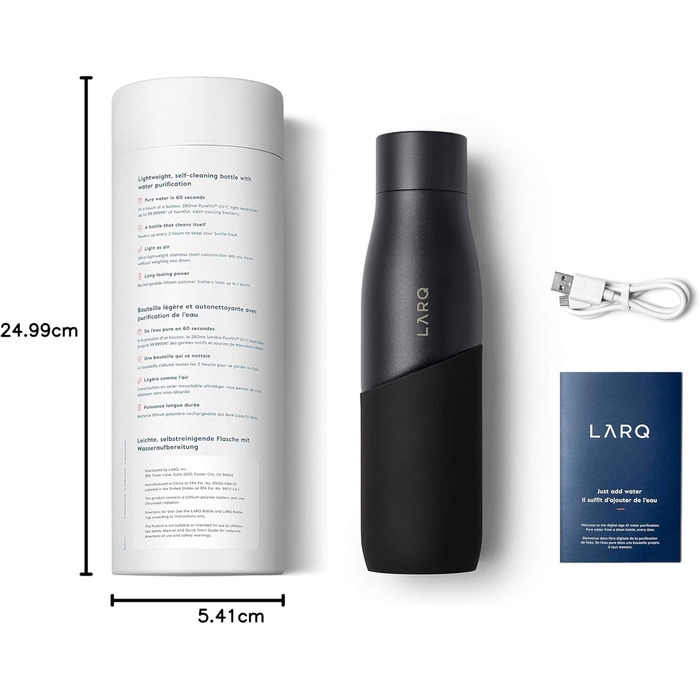 Пляшка LARQ Movement PureVis 950 мл – самочистка УФ, нержавіюча сталь, силіконова оболонка, легка, ударостійка, зберігає холод, для спорту, бігу та активного відпочинку, чорна/онікс