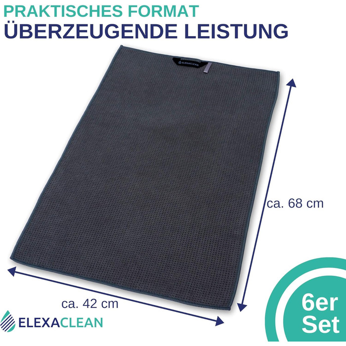 ELEXACLEAN кухонні рушники з мікрофібри 6 шт, 68x42 см, антрацит, вафельна текстура, м’які серветки для посуду та рук