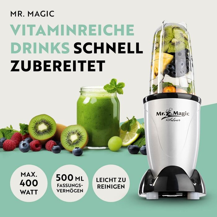 Блендер GOURMETmaxx Mr. Magic Mixer 4-в-1, міксер для смузі, подрібнювач, 8 функцій, з чашею та кришкою, для шейків, смузі, коктейлів